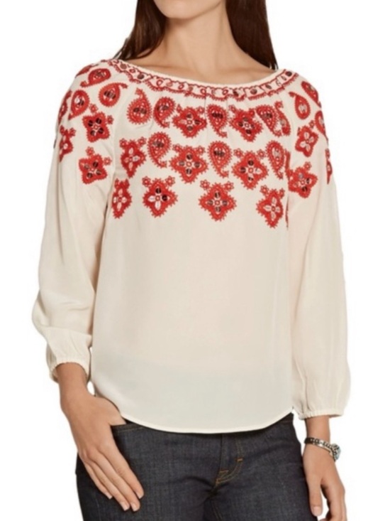 Tory Burch Tops - Tory Burch Cream Blouse with Red Embroidered Yoke